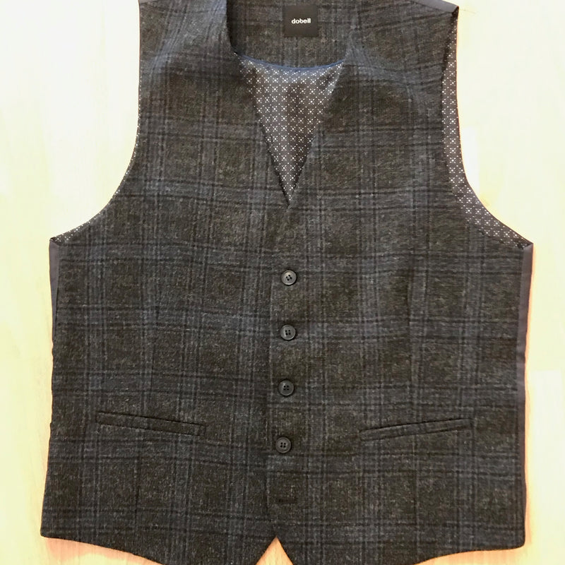 Herren-Weste Größe 46 von Dobell, kariert in Schwarz und Blau, 100 % Wolle, florales Innenfutter, verstellbar, klassisch geschnitten