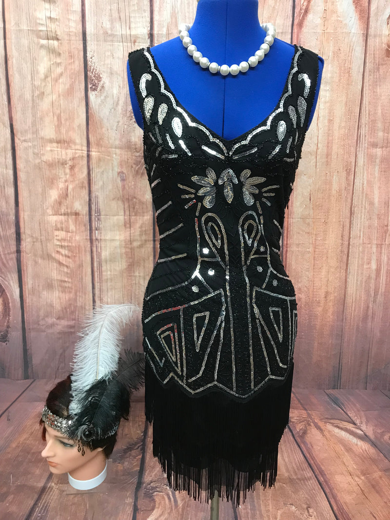 Robe frangée années 1920 paillettes argentées noires taille 36 unique