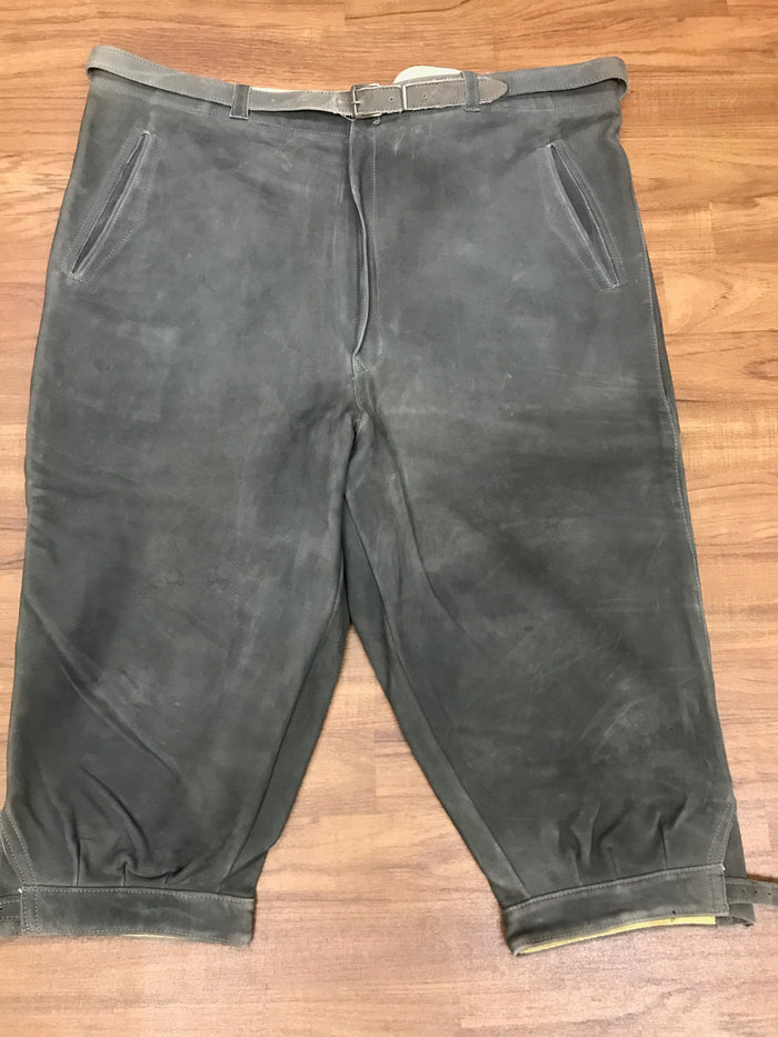 Graue Kniebundlederhose Herren – stabiles Echtleder, Vintage aus den 80er/90er Jahren, handgefertigt, getragen