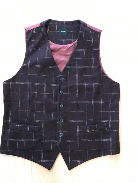 Moderne karierte Herren-Weste in Größe 48 von Dobell, dunkles Karomuster, weinroter Rücken, verstellbar, gefüttert – eleganter Dandy-Stil