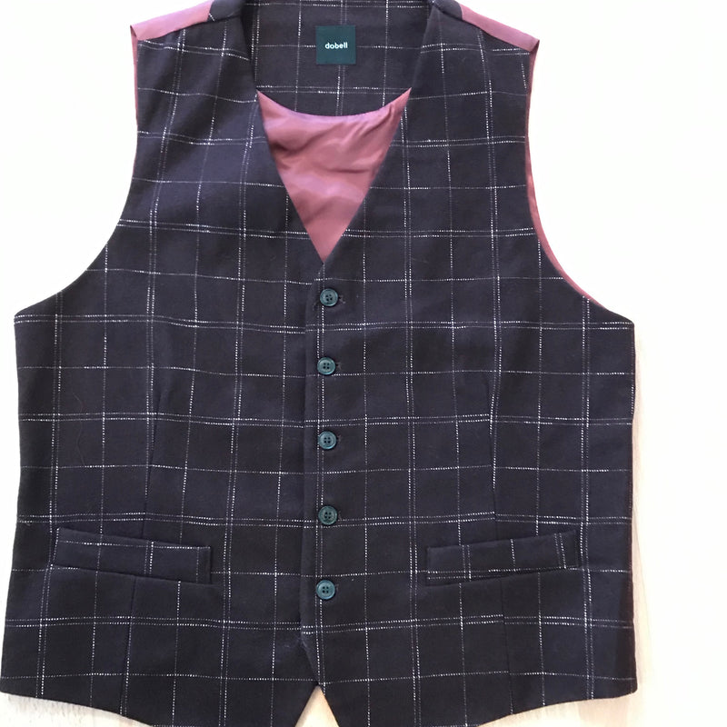 Moderne karierte Herren-Weste in Größe 48 von Dobell, dunkles Karomuster, weinroter Rücken, verstellbar, gefüttert – eleganter Dandy-Stil