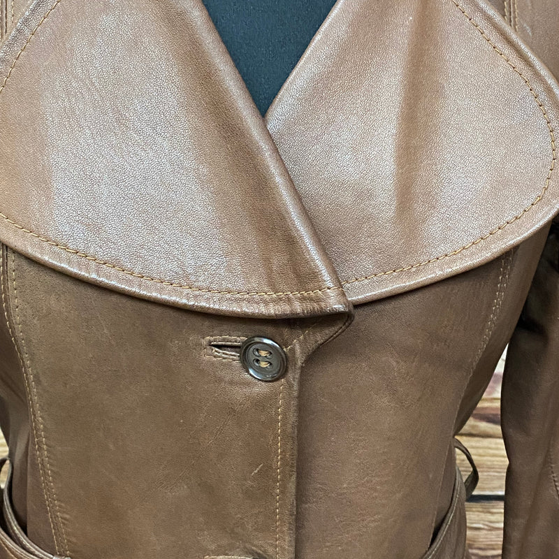 Vintage Damen-Ledermantel Gr. 36 in Braun mit Reverskragen und Taillengürtel