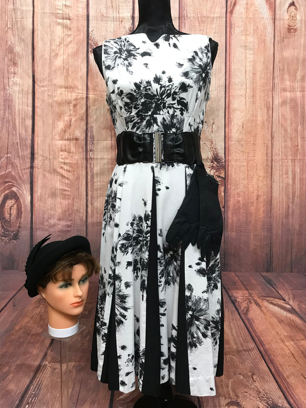 Vintage 50er Jahre Kleid Gr.38 Oldtimer Kostüm schwarz weiß, Inklusiv schwarzer Handschuhe, Gürtel und Hut