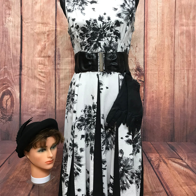 Vintage 50er Jahre Kleid Gr.38 Oldtimer Kostüm schwarz weiß, Inklusiv schwarzer Handschuhe, Gürtel und Hut