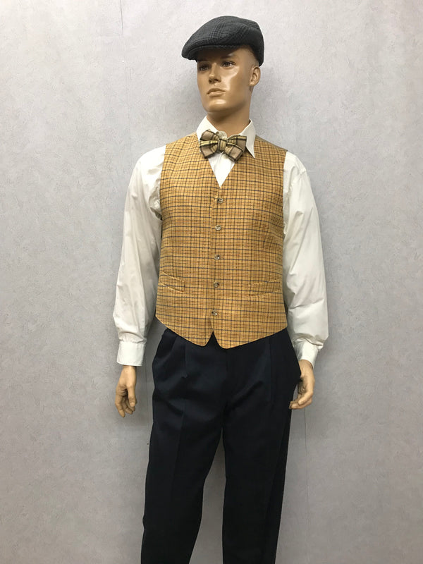 „Dunkelblauer Zweireiher mit gelb karierter Weste – kompletter 1920er Anzug Herren, Größe 48“
