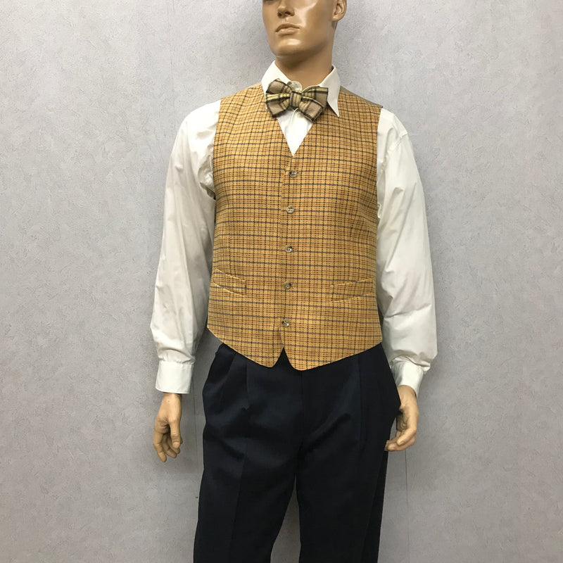 „Dunkelblauer Zweireiher mit gelb karierter Weste – kompletter 1920er Anzug Herren, Größe 48“