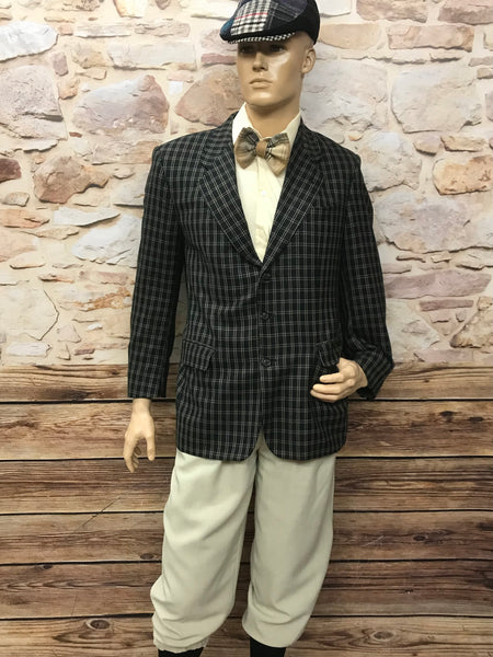 20er Jahre Peaky Blinders Kostüm Gr.48 mit kariertem Sakko, beiger Knickerbockerhose, Hemd, Hosenträger, Kniestrümpfe und Schiebermütze Gr.58
