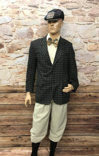 20er Jahre Peaky Blinders Kostüm Gr.48 mit kariertem Sakko, beiger Knickerbockerhose, Hemd, Hosenträger, Kniestrümpfe und Schiebermütze Gr.58