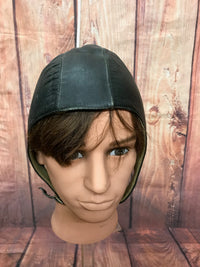 Chapeau d'aviateur antique, capuche de pilote, taille 57, steampunk vintage, cuir véritable, vert unique