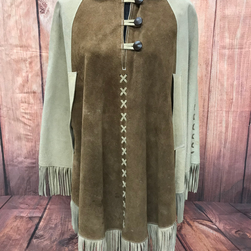 Vintage Cape Poncho Leder Wildleder Braun Beige Fransen 70er Jahre Western
