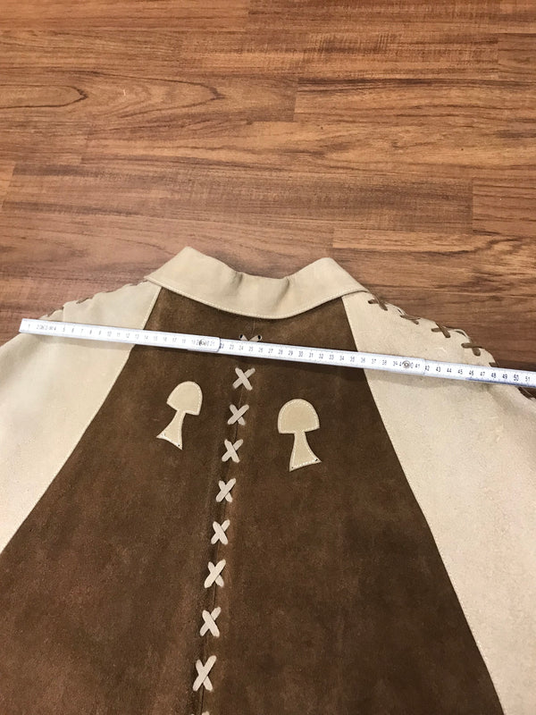Vintage Cape Poncho Leder Wildleder Braun Beige Fransen 70er Jahre Western