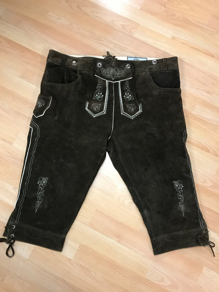 Herren-Kniebundlederhose dunkelbraun von Edelnice – bestickt, Vintage, Echtleder, Bundweite 56 cm