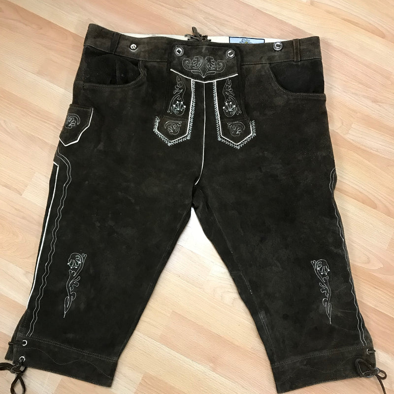 Herren-Kniebundlederhose dunkelbraun von Edelnice – bestickt, Vintage, Echtleder, Bundweite 56 cm