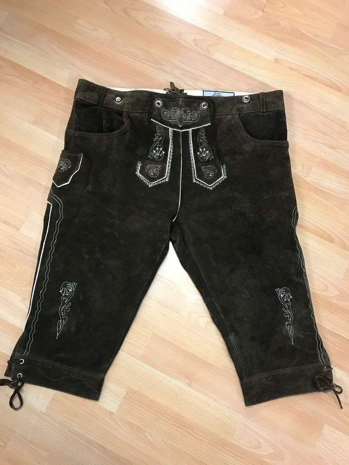 Herren-Kniebundlederhose dunkelbraun von Edelnice – bestickt, Vintage, Echtleder, Bundweite 56 cm