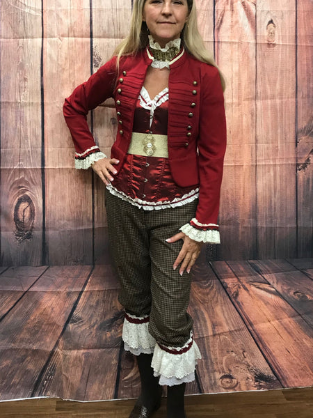 Steampunk Damenkostüm Gr. 38 – rote Corsage mit Rüschen, Kurzjacke, karierte Bloomers mit Spitzenvolants, Spitzenbluse, Kropfband, Gürtel, Minizylinder – Handmade Unikat