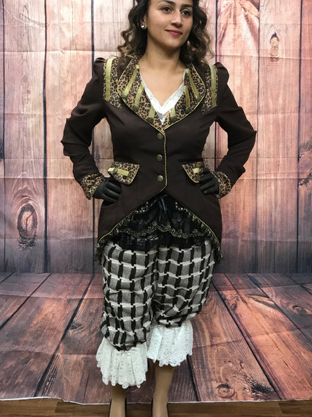 Steampunk Damenkostüm Gr. 42 – handgemachtes Unikat mit Jacke, Corsage, Spitzenbluse, Bloomers, Handschuhen und Goggles in Braun/Schwarz/Gold, sehr guter Zustand