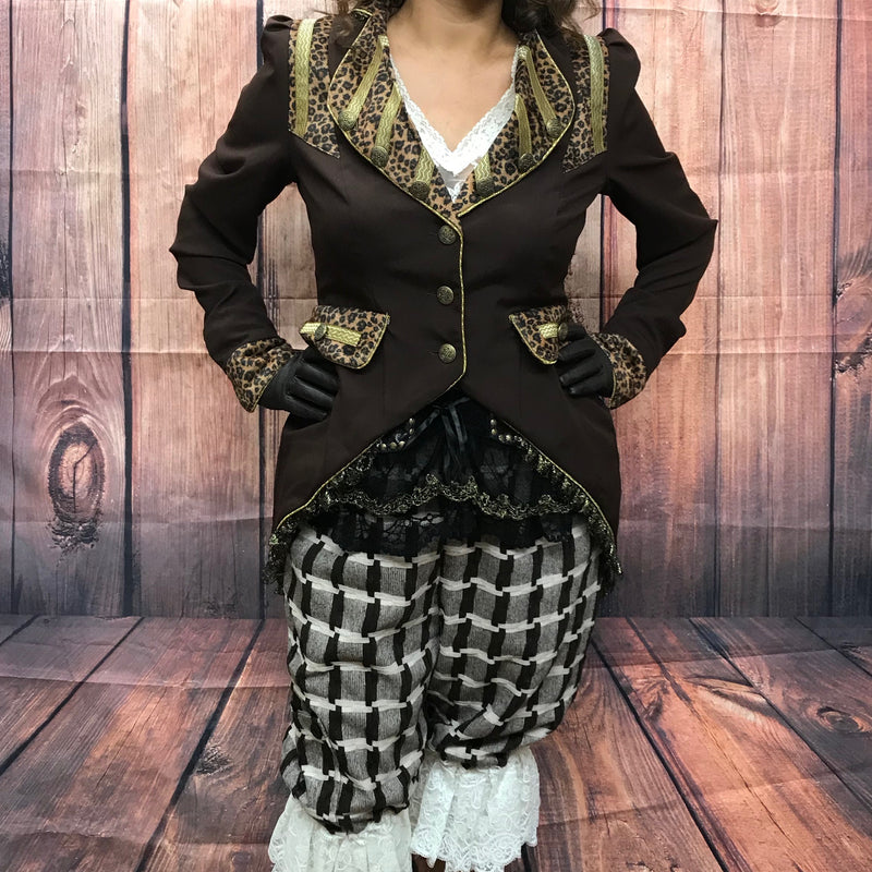 Steampunk Damenkostüm Gr. 42 – handgemachtes Unikat mit Jacke, Corsage, Spitzenbluse, Bloomers, Handschuhen und Goggles in Braun/Schwarz/Gold, sehr guter Zustand