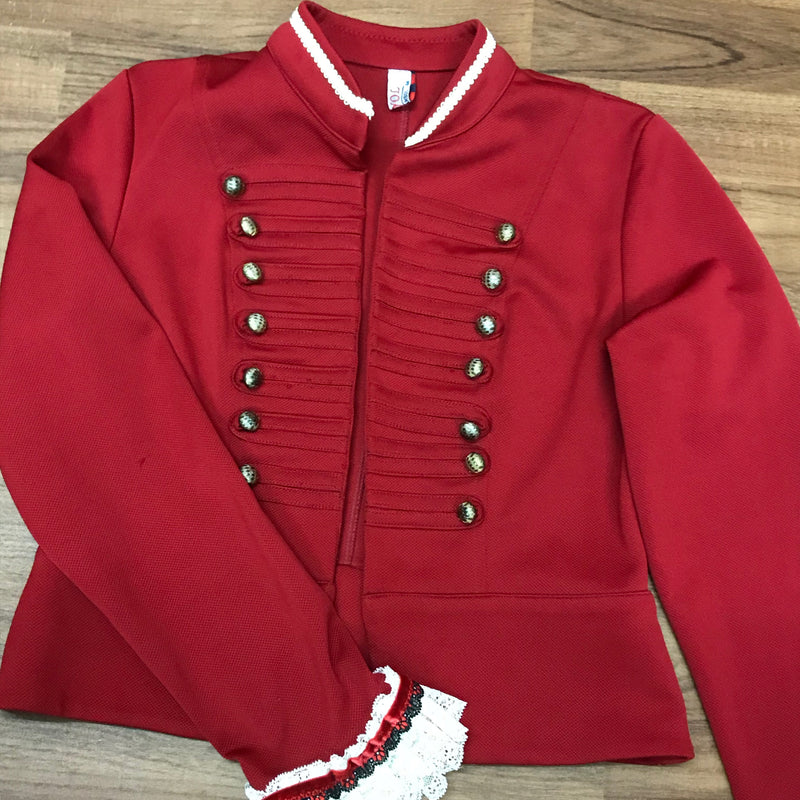 „Detailansicht Steampunk Kostüm Damen Gr. 38 – bordeauxrote Corsage und Uniform-Jacke“