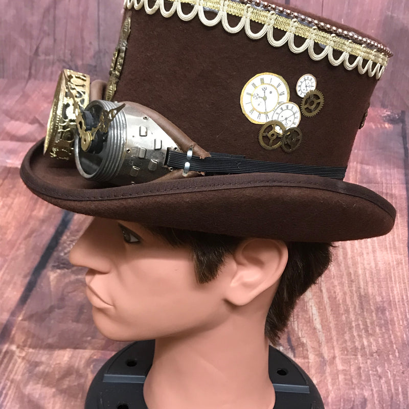 Brauner Steampunk-Zylinder mit goldener Borte, Zahnrädern, Uhrzeigern, Feder und abnehmbarer Brille – Größe 59