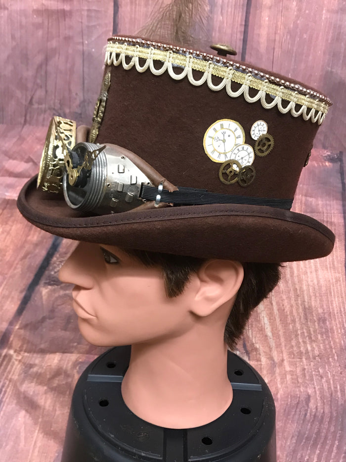 Brauner Steampunk-Zylinder mit goldener Borte, Zahnrädern, Uhrzeigern, Feder und abnehmbarer Brille – Größe 59