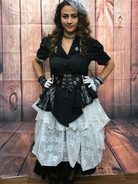 Viktorianisches Steampunk Damen-Kostüm in schwarz/weiß, Rock, Oberteil, Gürtel und Accessoires