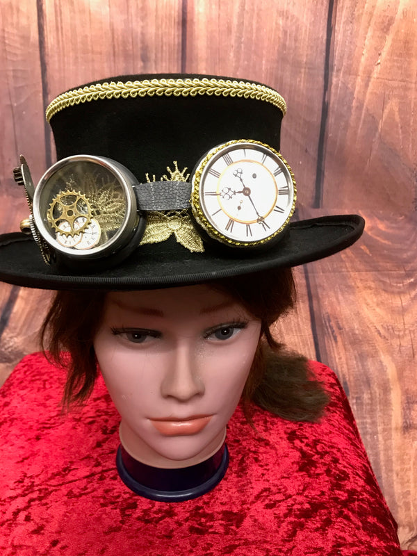 Hochwertig Handgefertigter schwarzer Steampunk Zyliner mit Goggles, Größe 56