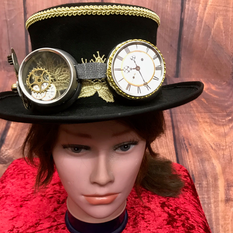 Hochwertig Handgefertigter schwarzer Steampunk Zyliner mit Goggles, Größe 56