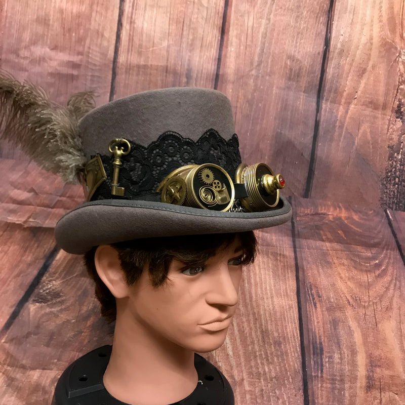 Grauer Steampunk Zyliner Kopfbedeckung Handmade