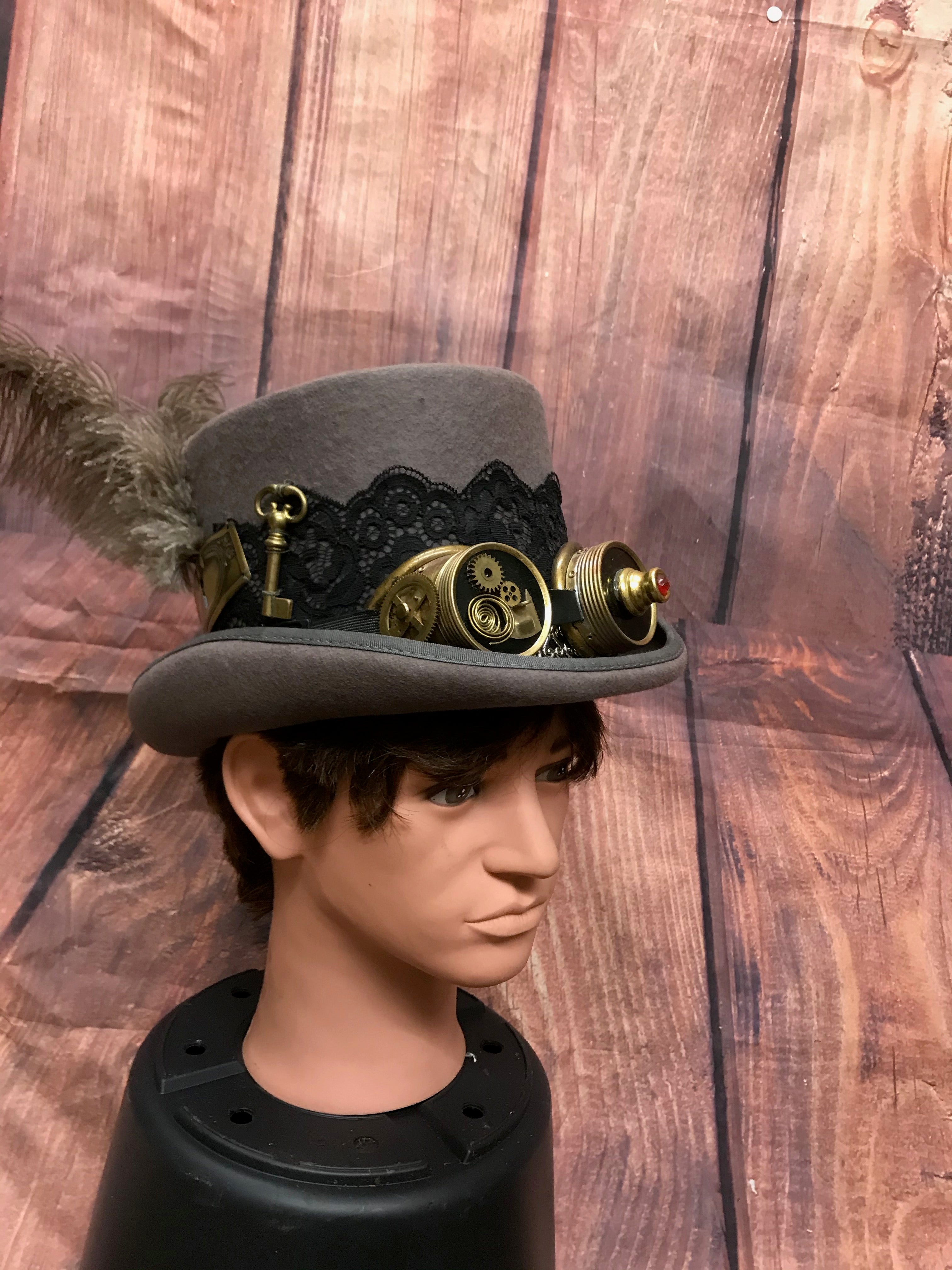 Grauer Steampunk Zyliner Kopfbedeckung Handmade