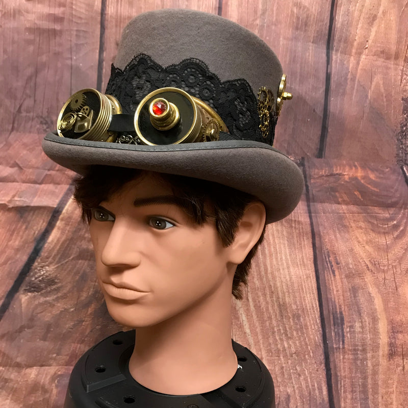 Grauer Steampunk Zyliner Kopfbedeckung Handmade