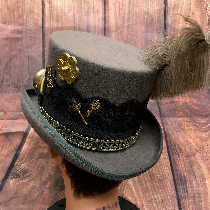 Grauer Steampunk Zyliner Kopfbedeckung Handmade Gr.57 Unikat