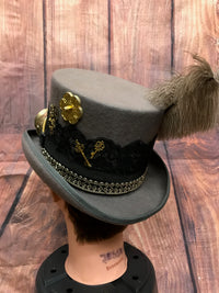 Grauer Steampunk Zyliner Kopfbedeckung Handmade Gr.57 Unikat