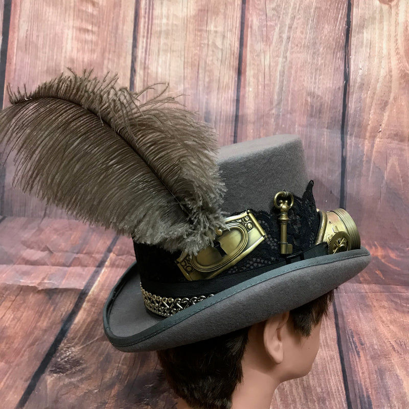 Grauer Steampunk Zyliner Kopfbedeckung Handmade