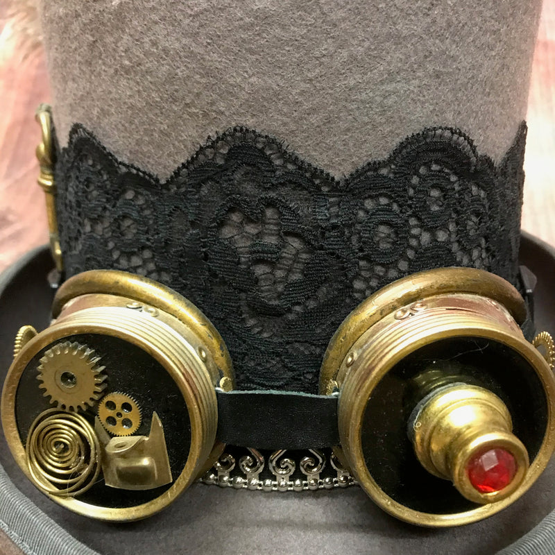 Grauer Steampunk Zyliner Kopfbedeckung Handmade Gr.57 Unikat