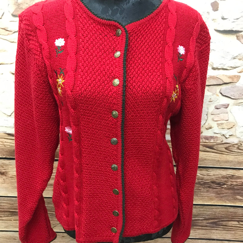 Rote Trachten Strickjacke für Damen Größe 40 von C&A, mit floralen Stickereien, Wollmischgewebe, Metallknöpfen, grünem Kontrast, guter Vintage-Zustand.