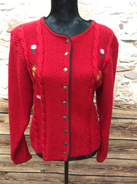 Rote Trachten Strickjacke für Damen Größe 40 von C&A, mit floralen Stickereien, Wollmischgewebe, Metallknöpfen, grünem Kontrast, guter Vintage-Zustand.