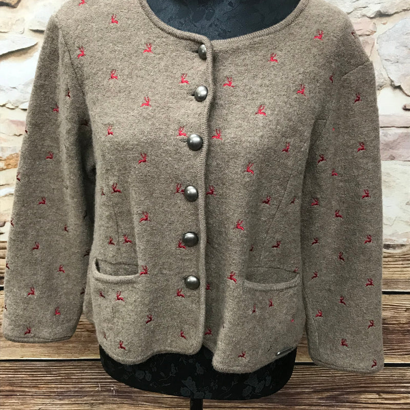 Trachten Strickjacke Damen Größe 40 von Hammerschmid, braun mit roten Hirsch-Stickereien, aus Wollmischgewebe, Knopfleiste mit Trachtenknöpfen, Vintage