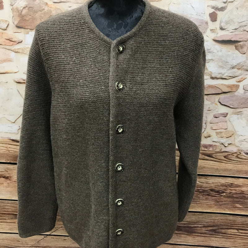Braune Vintage Trachten Strickjacke Damen Größe 42 von Lanamoden, mit acht Trachtenknöpfen, aus Wollmischgewebe, strukturierte Oberfläche, guter Zustand.