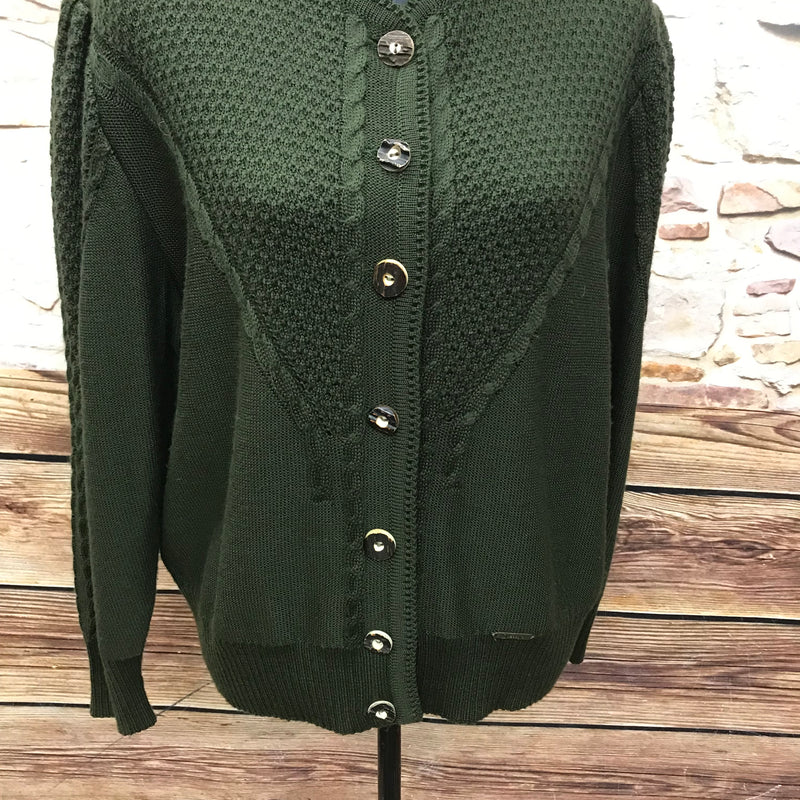 Dunkelgrüne Vintage Trachten Strickjacke Damen Größe 44 von Lepegro, aus Wollmischgewebe, mit Zopfmuster und Knopfleiste, guter Zustand.