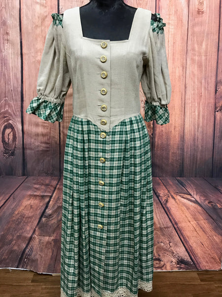 Damen-Trachtenkleid Größe 38 C&A – beige Oberteil, grün karierter Rock, lang, Landhausstil, Leinen-Baumwolle