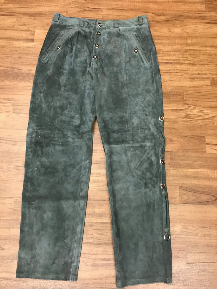 Dunkelgrüne Trachtenlederhose Herren Größe 52 – lang, aus Echtleder, Vintage Zustand
