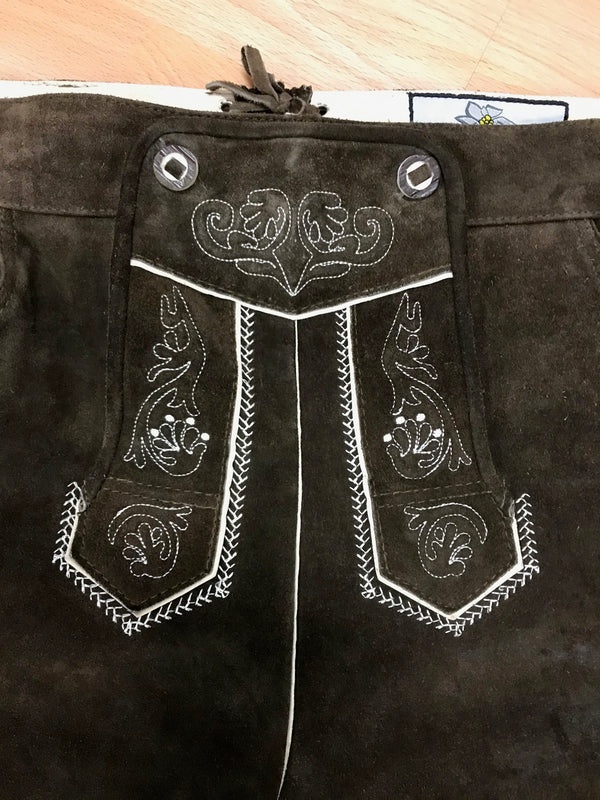 Kniebund Trachten Lederhose Kniebundlederhose von Edelnice – Herren | Dunkelbraun | Bestickt | Bundweite 56 cm | Vintageund 112 cm Gr.56