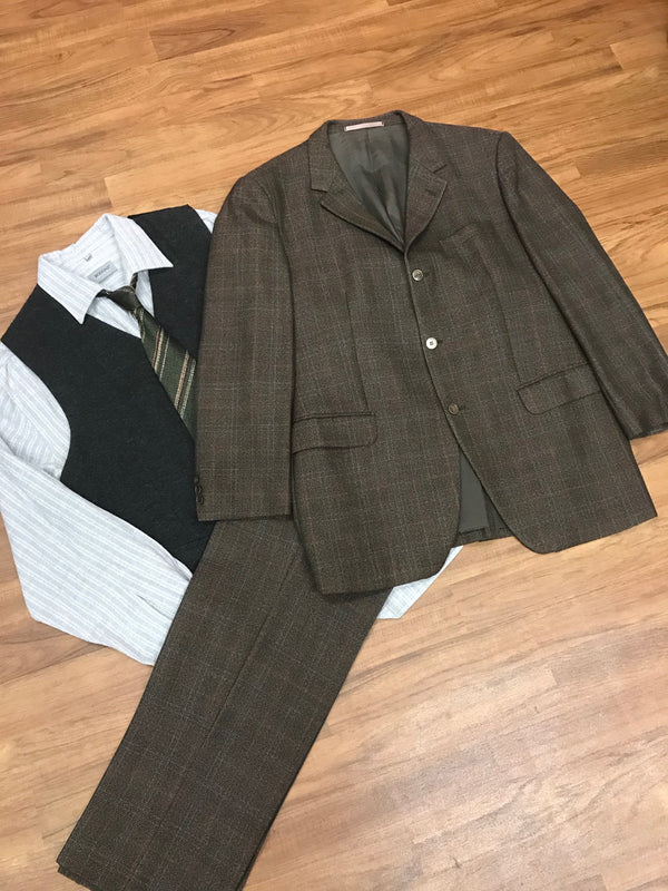 Set aus Sakko, Hose, Hemd, Weste und Krawatte, braun meliert