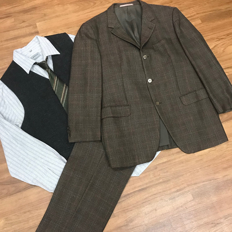 Set aus Sakko, Hose, Hemd, Weste und Krawatte, braun meliert