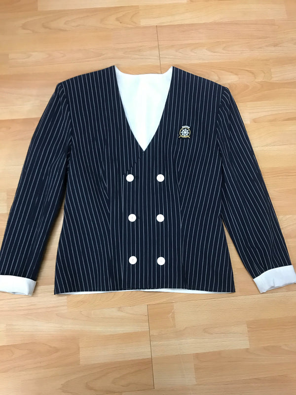 „Vintage Damen Blazer dunkelblau Nadelstreifen Doppelreiher maritim, flach liegend“