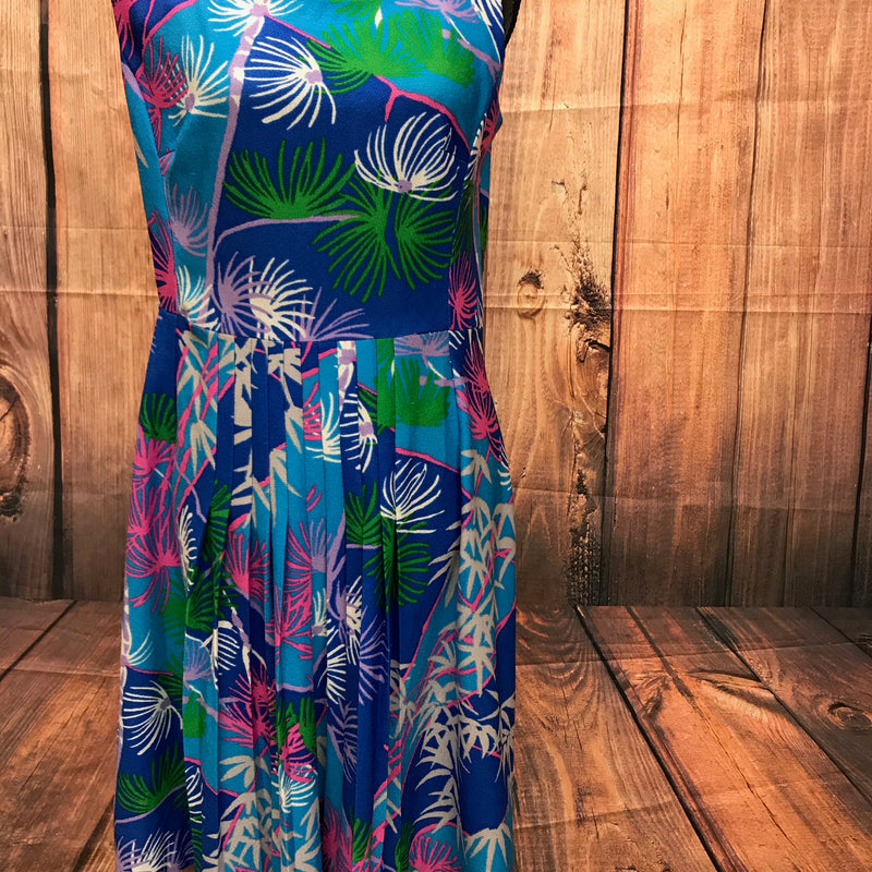Vintage Kleid Bleyle, Gr. 42, blau mit buntem Print, 1980er.