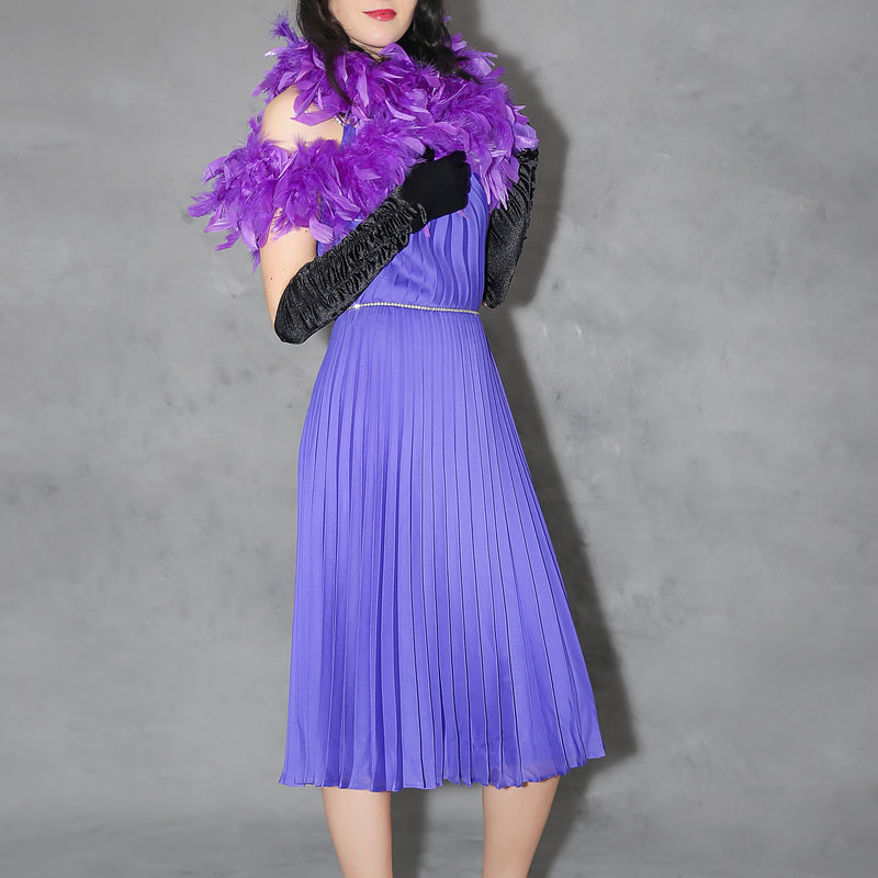 Vintage Charleston Kleid lila, Gr. 34, 3-teilig mit Handschuhen & Stirnband, 20er Jahre Stil.
