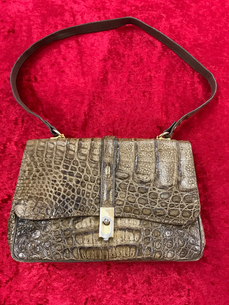 „Vintage Handtasche braun Leder Krokoprägung Damen 70er Jahre“