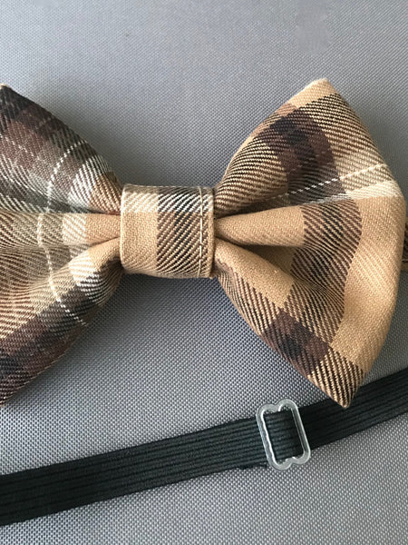Vintage Herren-Fliege braun-beige kariert, 12x8 cm, handgemacht aus Schurwolle.