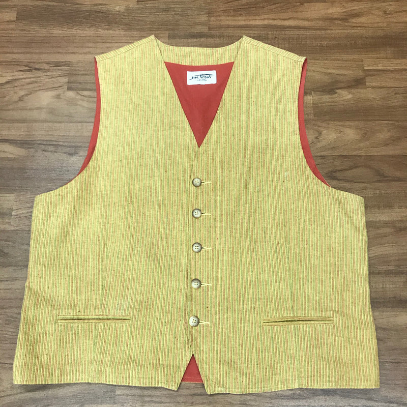WesteVintage Herren-Weste Größe 56 aus Leinenwollmischgewebe, gestreift in Senf, Rot und Grün, gefüttert, verstellbar, Retro-Stil von Jac Tissot Casual im Oldtimer Stil Gr.56